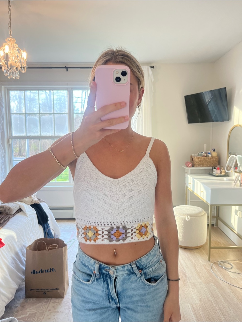 Hollister White Crochet V-Neck Camisole with Floral Crochet Hem